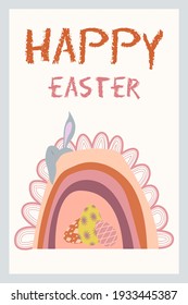 Boho Cartoon Easter Concept Design, Bunny, Eggs, Flowers Rainbow in Pastel Trendy Color. Flat vector illustration for holiday card, invitation, banners, posters, stickers.