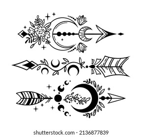 Símbolos de flechas celestes Boho, flechas y lunas místicas de estilo bohemio, arte dibujado a mano esotérico dibujado en círculos vectoriales de color blanco negro