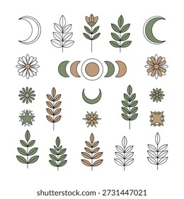 Boho Celestial e Botanical Line Art Elements with Moon Phases and Flowers vetor illustration (Elementos de arte com fases lunares e flores)