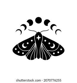 Boho celestial butterfly vector illustration. Mystical moon moth with moon phases. Magic insect on white background. Esoteric alchemy symbol. Design for poster, card, t shirt print, sticker.