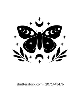 Boho celestial butterfly vector illustration. Mystical luna moth with moon phases. Magic insect on white background. Esoteric alchemy symbol. Design for poster, card, t shirt print, tattoo.