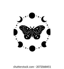 Boho celestial butterfly vector illustration. Mystical moon moth with moon phases. Magic insect on white background. Esoteric alchemy symbol. Design for poster, card, t shirt print, tattoo.