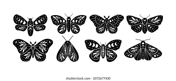 Boho celestial butterfly vector illustration set. Mystical moth with moon phases. Magic insect on white background. Esoteric alchemy symbol. Design for poster, card, t shirt print, sticker.