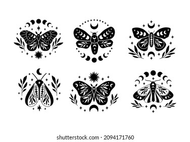 Boho celestial butterfly vector illustration set. Mystical moth with moon phases, sun. Black magic insect on white background. Esoteric symbol. Design for poster, card, t shirt print, sticker, tattoo.