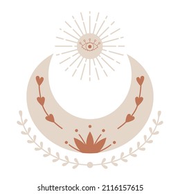 Boho, celestial element. A crescent moon with twigs, the sun and an open outline eye. A mystical, esoteric, mysterious symbol. Vector decorative element. Illustration is isolated on white background