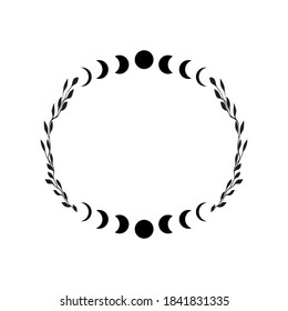Boho celestial frame. Floral moon vector frame. Tatoo doodle wreath. 