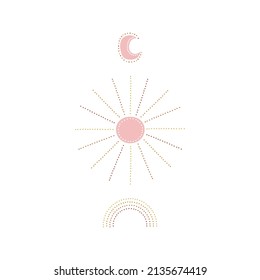 Boho celestial gentle childish dotted sun rainbow moon vector illustration isolated on white. Infantile sky objects girlish pinky print for baby fashion and nursery decor.