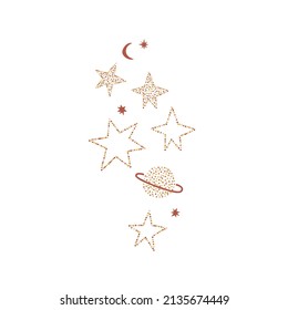 Boho celestial gentle childish dotted stars planet moon vector illustration isolated on white. Infantile space gender neutral print for baby fashion and nursery decor.