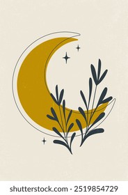 Boho celestial magic art with moon and herbs. Minimalist printable wall art