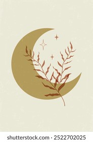 Boho celestial magic art with moon and herbs. Minimalist printable wall art