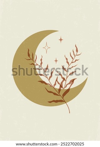 Boho celestial magic art with moon and herbs. Minimalist printable wall art