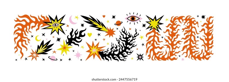 Boho celestial magic art star comet flame fire. Contemporary illustration in naive bohemian style. Mystic cosmic tarot aesthetic. Black red yellow colors. Sticker pack isolated on white background.