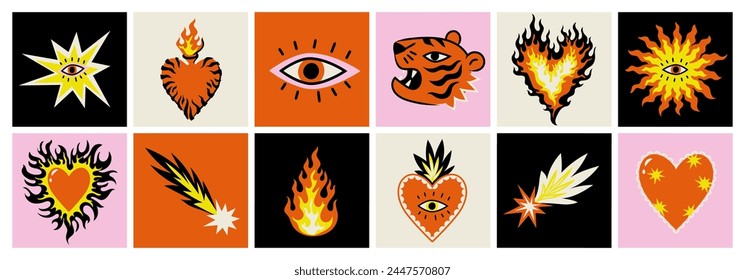 Boho himmlische magische Kunst Tiger Herz Stern Komet Flamme Feuer. Zeitgenössische Illustration Poster Kartenaufkleber im verspielten Böhmischen Stil. Mystische kosmische Tarot-Ästhetik. Schwarz rot weiß gelb rosa Farben.