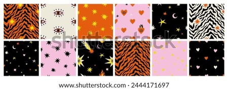 Boho celestial magic art tiger heart star comet flame fire background. Contemporary seamless pattern in playful naive bohemian style. Mystic cosmic tarot aesthetic. Black red white yellow pink colors.