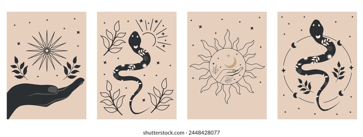 Boho celestial magic art with woman hands, moon, sun, stars, planets, snake. Contemporary illustration poster card sticker in playful bohemian style. Mystic cosmic tarot aesthetic.