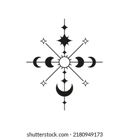 Boho celestial moon phases, sun and stars isolated on white background. Mystical witchy illustration. Bohemian black tattoo design.