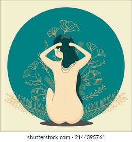 Boho celestial mystical woman in her back view while she is touching her hair
