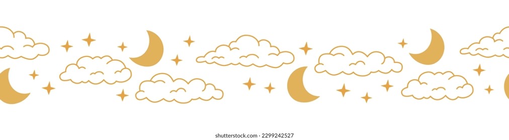 Boho celestial seamless border with line art cloud, moon and star. Yellow colors universe design. Vector illustration