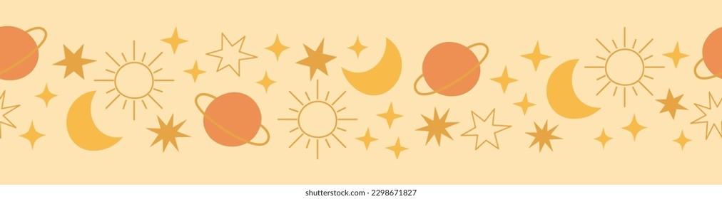 Boho celestial seamless border with stars, planet, moon and sun. Pastel colors universe surface design. Vector illustration