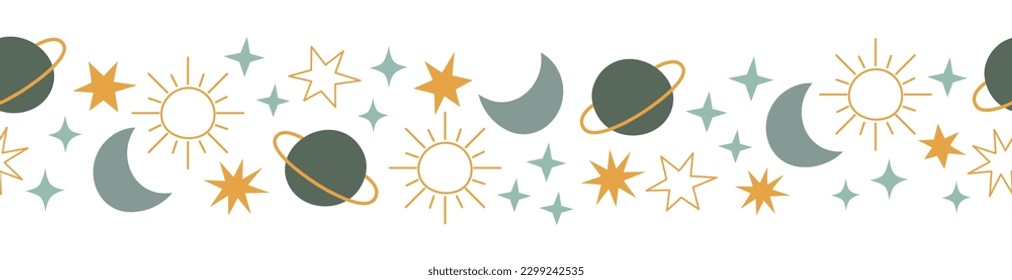 Boho celestial seamless border with stars, planet, moon and sun. Blue and yellow colors universe design. Vector illustration