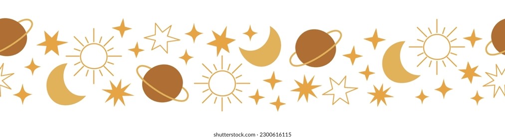 Boho celestial seamless border with stars, planet, moon and sun. Pastel colors universe design. Vector illustration