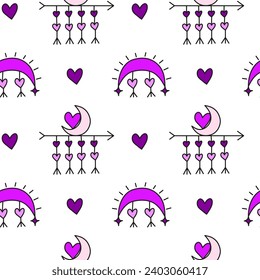 Boho celestial seamless pattern with arrows, moon and hearts in violet colors.
