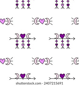 Boho celestial seamless pattern with arrows, moon and hearts in violet colors.