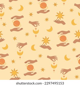 Boho celestial seamless pattern with hands, stars, planet, moon and sun. Pastel colors universe surface design. Vector illustration
