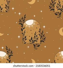 Boho celestial seamless pattern. Magic background with window, elements stars, crescent, constellations and herbs. Vector doodle texture.
