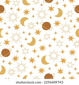 Boho celestial seamless pattern with stars, planet, moon and sun. Pastel colors universe surface design. Vector illustration