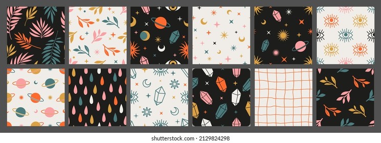 Boho celestial seamless patterns with with constellations, sun, moon, magic eyes, stars, cosmic and floral elements in trendy bohemian mystic style. Set of magic vector backgrounds.