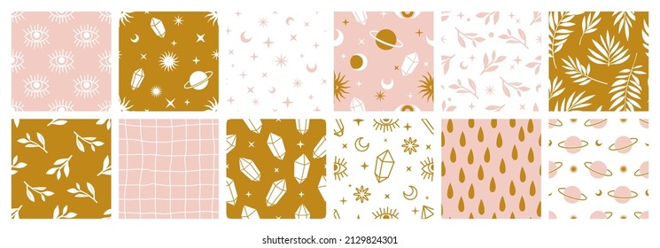 Boho celestial seamless patterns with with constellations, sun, moon, magic eyes, stars, cosmic and floral elements in trendy bohemian mystic style. Set of magic vector backgrounds.