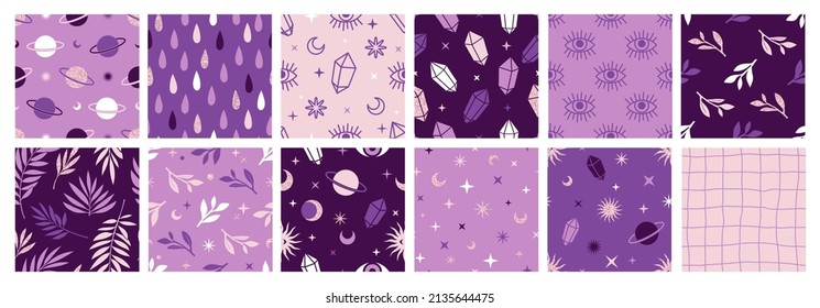 Boho celestial seamless patterns with with constellations, sun, moon, magic eyes, stars, cosmic and floral elements in trendy bohemian mystic style. Set of magic vector backgrounds.