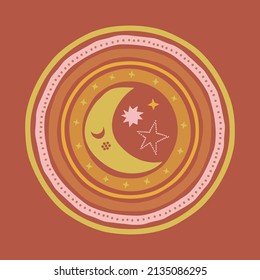 Boho celestial sleeping crescent in abstract full moon in the night sky with stars vector illustration. Scandinavian decorative lunar day and night poster for nursery decor.