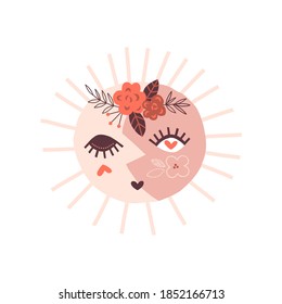 Boho celestial sun and moon day night character in floral wreath with cute face vector illustration for kids design 