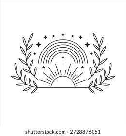 Silhueta de sol celestial e arco-íris boho emoldurada por uma coroa de louros elegante, perfeita para projetos místicos, espirituais ou inspirados na natureza. Ideal para arte de parede, impressões digitais, convites e projetos criativos com uma estética caprichosa e boêmia.