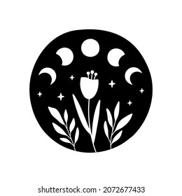 Boho celestial vector poster. Moon phases with wildflower illustration. Contemporary art with floral moon. Hand-drawn mystical decor. T-shirt print, bohemian poster, magic card.