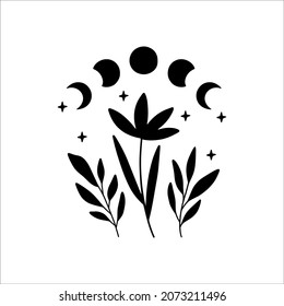 Boho celestial vector poster. Moon phases with wilfflower illustration. Contemporary art with floral moon. Hand drawn mystical decor. T shirt print, bohemian poster, magic card.
