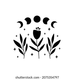 Boho celestial vector poster. Moon phases with wildflower illustration. Contemporary art with moon, stars, branch. Hand-drawn mystical decor. T shirt print, bohemian poster, magic card.