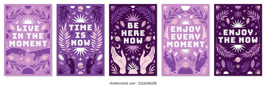 Boho celestial vector posters with inspirational quotes and affirmation. Tarot magic card. Hand, snake, moon, sun, cosmic and floral elements in trendy bohemian mystic style. Purple and pink colors.