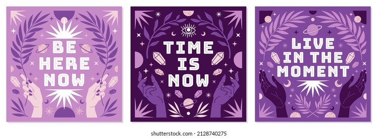 Boho celestial vector posters with inspirational quotes and affirmation. Tarot magic card. Hand, snake, moon, sun, cosmic and floral elements in trendy bohemian mystic style. Purple and pink colors.