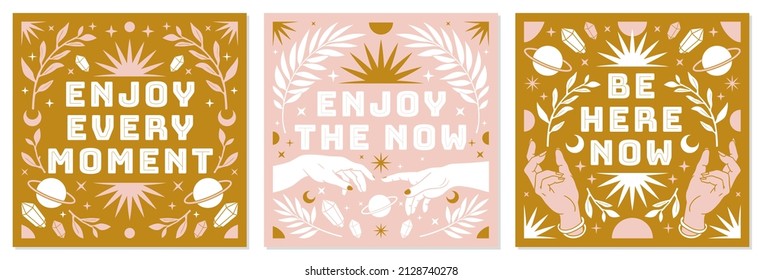 Boho celestial vector posters with inspirational quotes and affirmation. Tarot magic card. Hand, snake, moon, sun, cosmic and floral elements in trendy bohemian mystic style. Pink and gold colors.