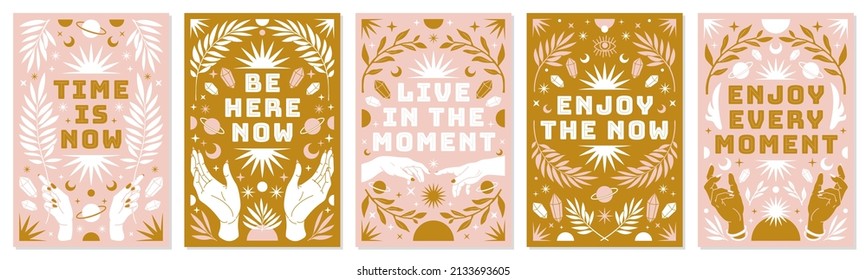 Boho celestial vector posters with inspirational quotes and affirmation. Tarot magic card. Hand, snake, moon, sun, cosmic and floral elements in trendy bohemian mystic style. Pink and gold colors.