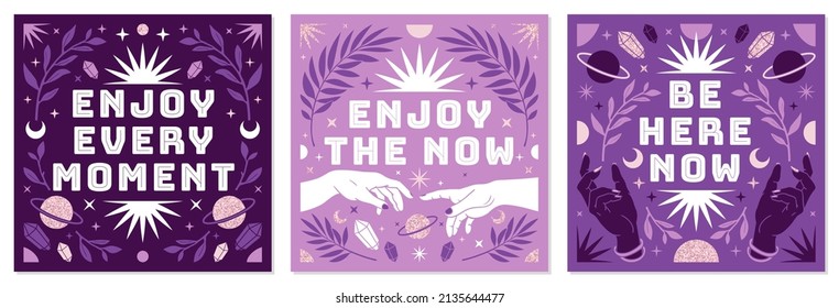 Boho celestial vector posters with inspirational quotes and affirmation. Tarot magic card. Hand, snake, moon, sun, cosmic and floral elements in trendy bohemian mystic style. Purple and pink colors.