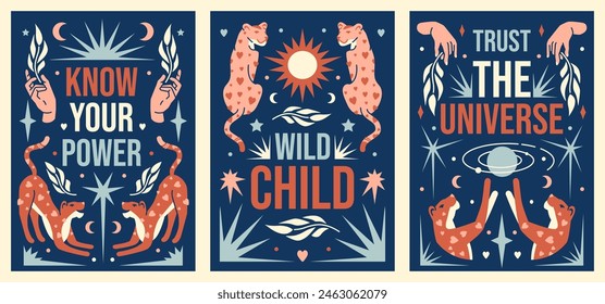 Boho celestial vector prints and posters with cheetah, sun, moon, stars and positive sacred affirmations. Contemporary bohemian poster. Playful divine graphic. Midnight mystic aesthetic.