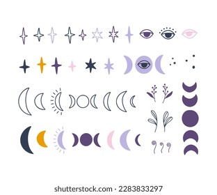 Boho celestial vector symbol collection. Hand drawn stars, moon silhouette, third eye illustration. Line art element for poster, cards, logo, tattoo. Mystical icon set isolated on white background.