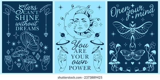 Boho celestial vertical vector posters. Mystery crescent moon, sun, midnight aesthetic and floral arrangements for t-shirt prints Inspirational affirmations, quotes. Sacred alchemy card.