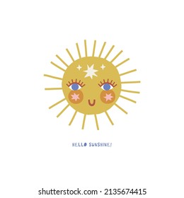 Boho celestial whimsy smiling sun with starry cheeks vector illustration isolated on white. Hello sunshine phrase. Day and night solar print for kids apparel and nursery decor.