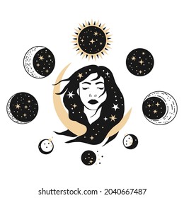 Boho celestial woman with moon esoteric mystic cosmic space vector symbol set. Magic spiritual witch female art illustration.