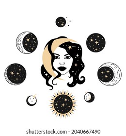 Boho celestial woman with moon esoteric mystic cosmic space vector symbol set. Magic spiritual witch female art illustration.